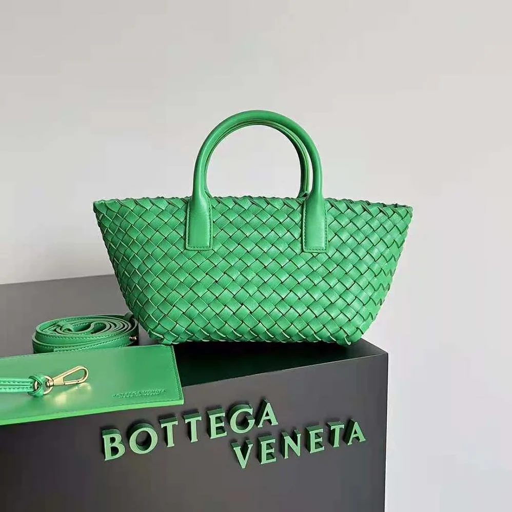 Bottega Veneta Mini Cabat Intreccio Leather Tote Bag with Detachable Strap for Women in Green Bottega Veneta Mini Cabat Intreccio Leather Tote Bag with Detachable Strap for Women in Green