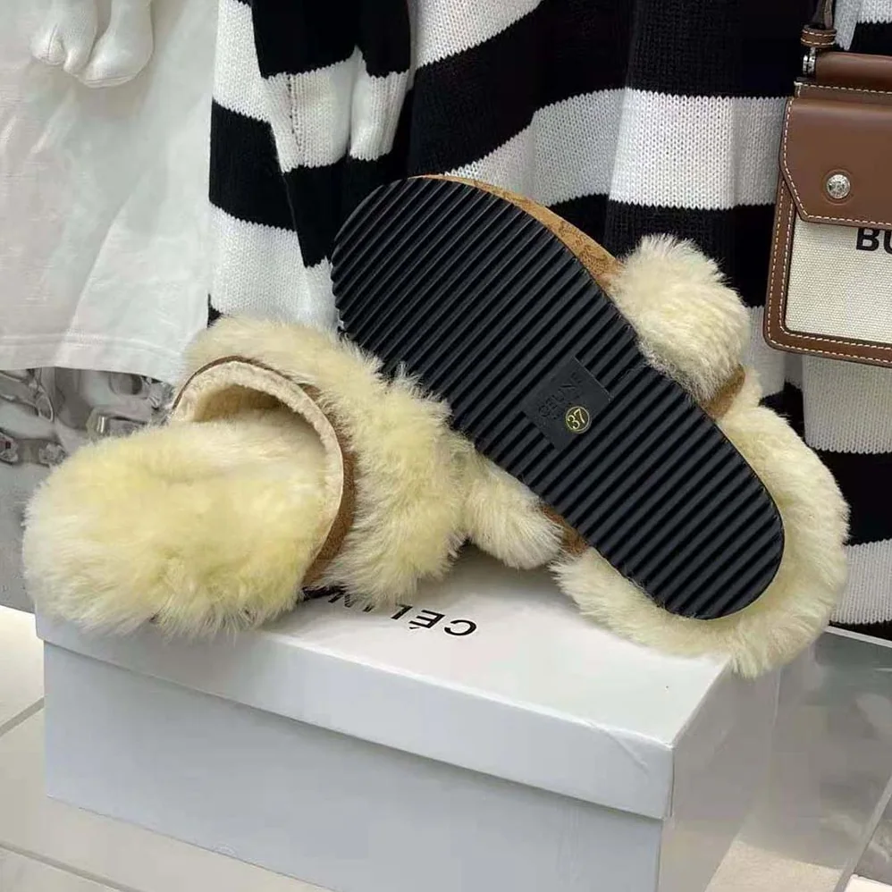 Celine Fur Slides Triomphe Closed Slipper in Suede Calfskin and Shearling for Women Celine Fur Slides Triomphe Closed Slipper in Suede Calfskin and Shearling for Women
