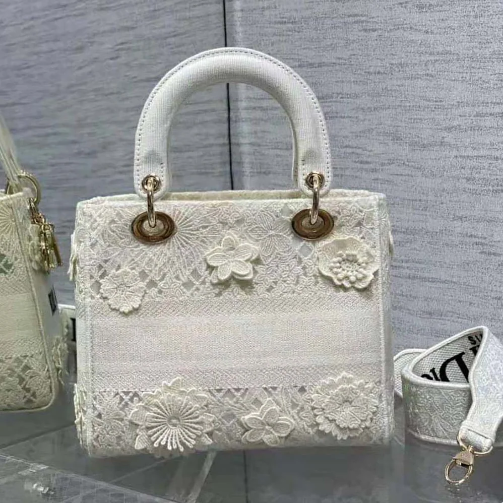 Dior Medium Lady D-lite Bag White D-Lace Embroidery with 3D Macramé Effect for Women Dior Medium Lady D-lite Bag White D-Lace Embroidery with 3D Macramé Effect for Women
