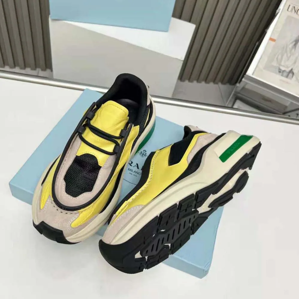 Prada Systeme Brushed Leather Sneakers with Bike Fabric and Suede Elements for Men in Yellow