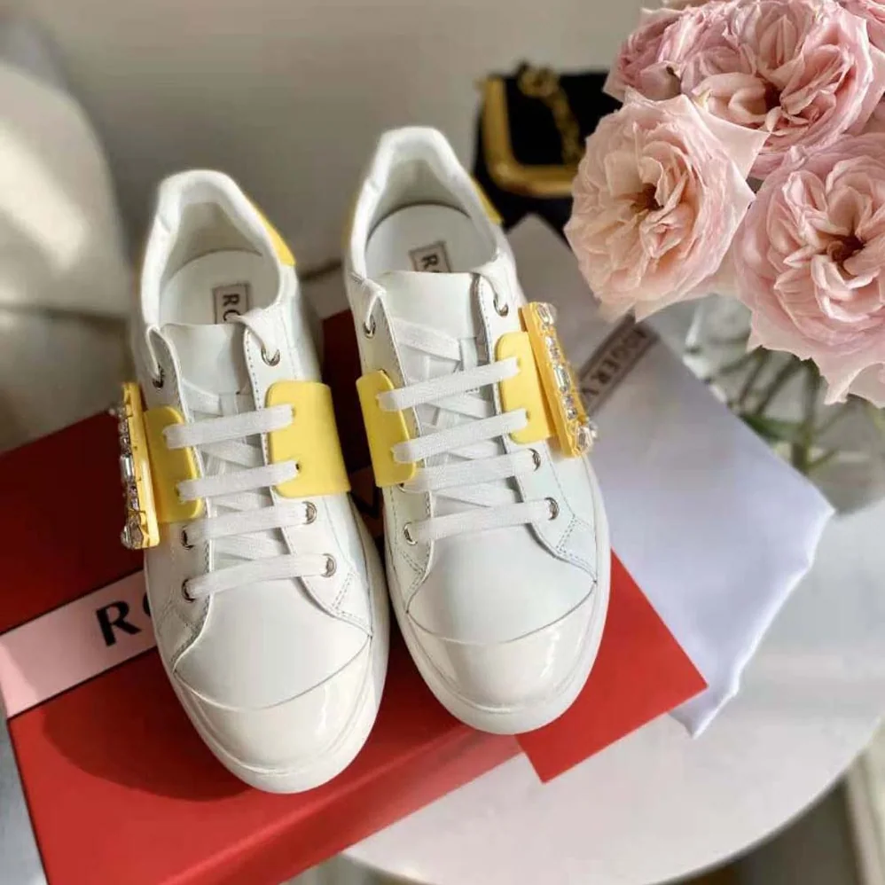 Roger Vivier Viv Skate Strass Buckle Sneakers in Soft Leather for Women in Yellow