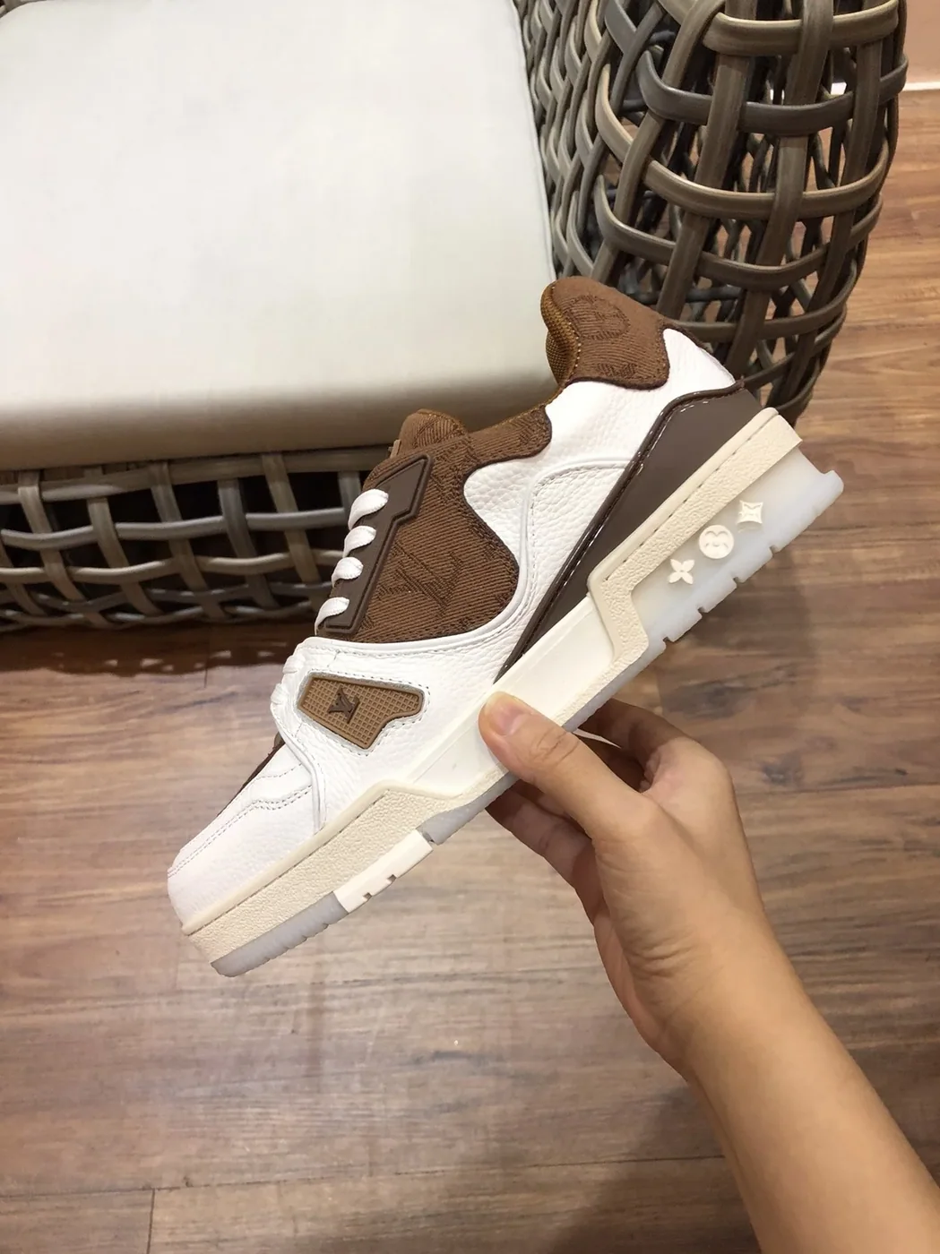 Louis Vuitton Trainer Sneaker Rubber Monogram White in Brown Virgil Abloh Louis Vuitton Trainer Sneaker Rubber Monogram White in Brown Virgil Abloh