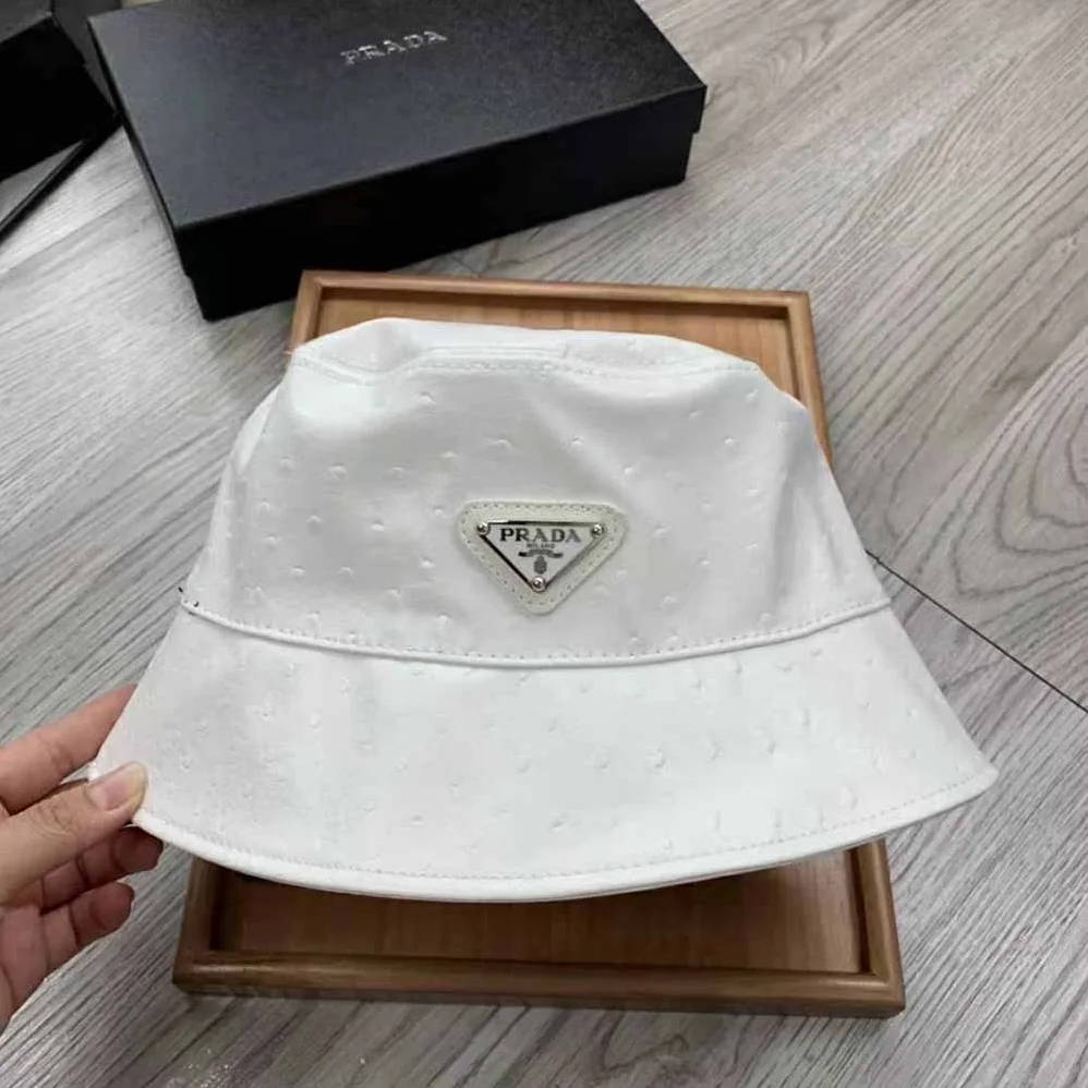 Prada Ostrich Leather Bucket Hat for Women in White Prada Ostrich Leather Bucket Hat for Women in White