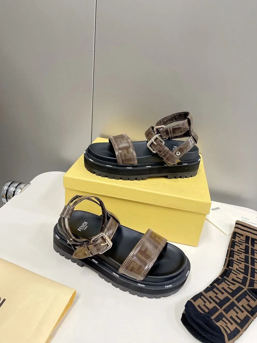 Fendi Brown FF Jacquard Sandals