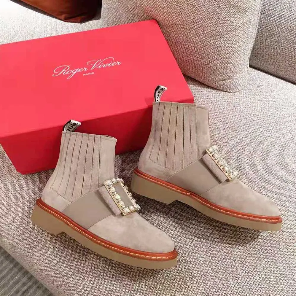 Roger Vivier Viv' Rangers Strass Buckle Chelsea Booties in Suede for Women Roger Vivier Viv' Rangers Strass Buckle Chelsea Booties in Suede for Women