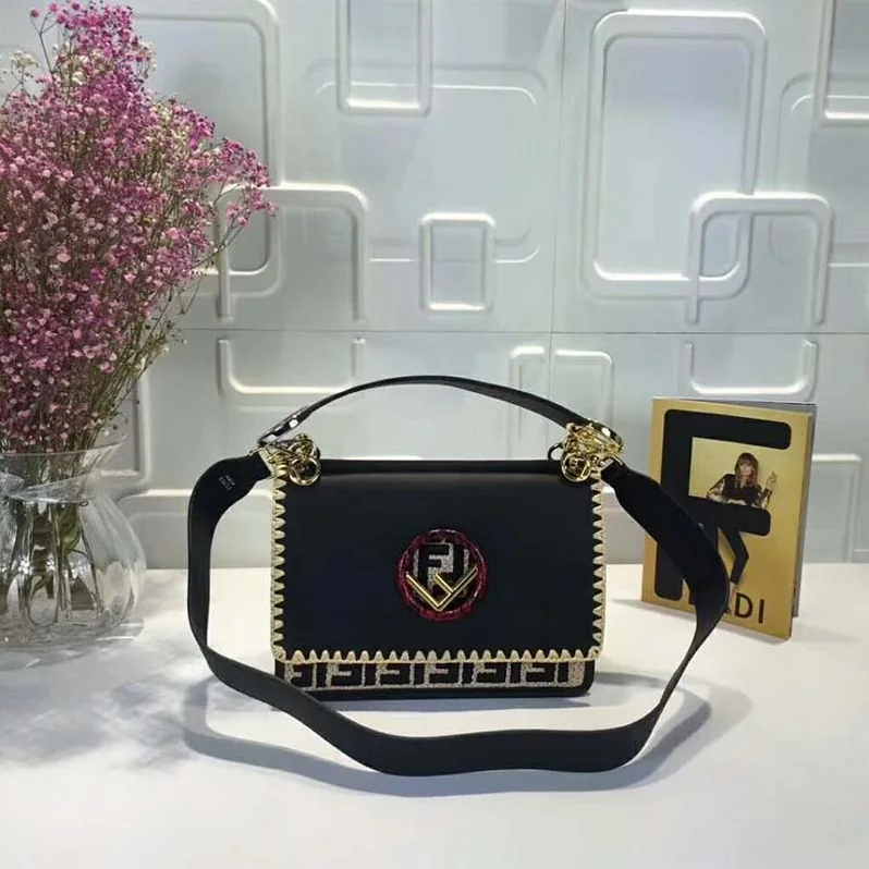 Fendi KAN I F Exotic Black Leather and Raffia Bag for Women Fendi KAN I F Exotic Black Leather and Raffia Bag for Women