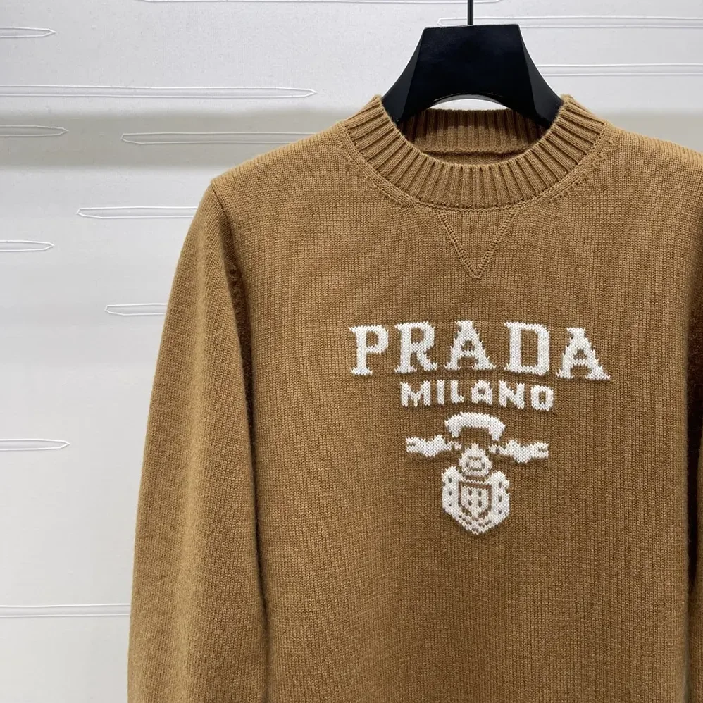 Prada Cashmere And Wool Prada Logo Crew-Neck Sweater for Women in Camel Brown