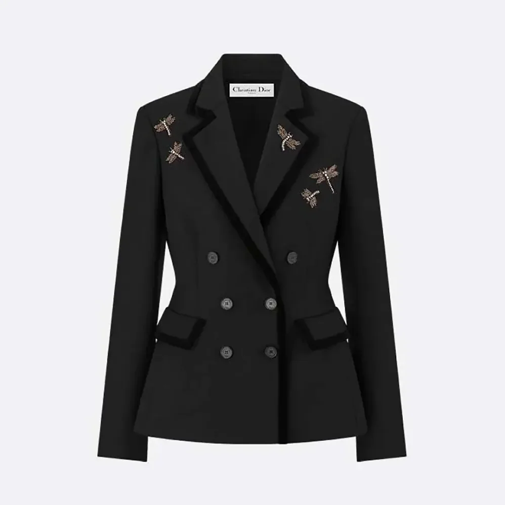 Dior Embroidered Marlène Jacket Black Wool and Mohair with Dragonfly Motif for Women