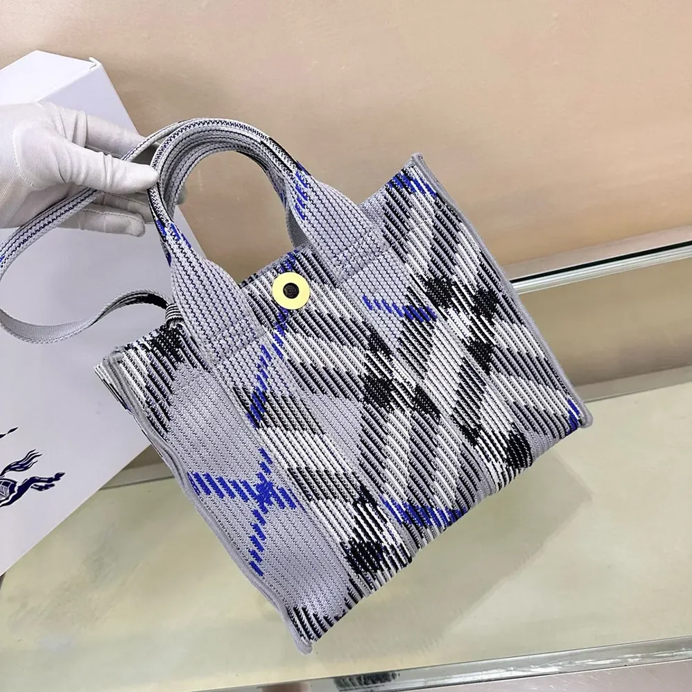 Burberry Mini Check Knitted Tote for Women in Grey Burberry Mini Check Knitted Tote for Women in Grey