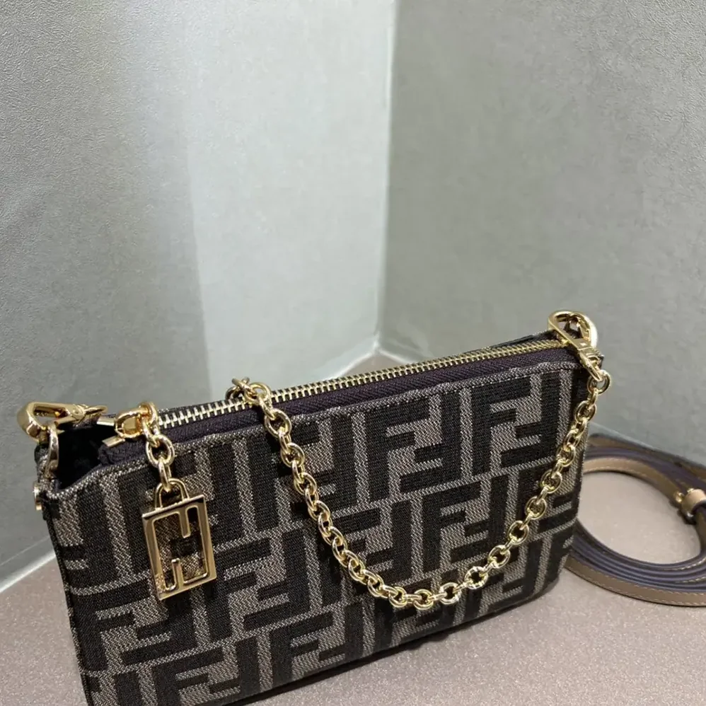 Fendi Baguette Pouch Brown Jacquard FF Fabric Clutch with Chain for Women