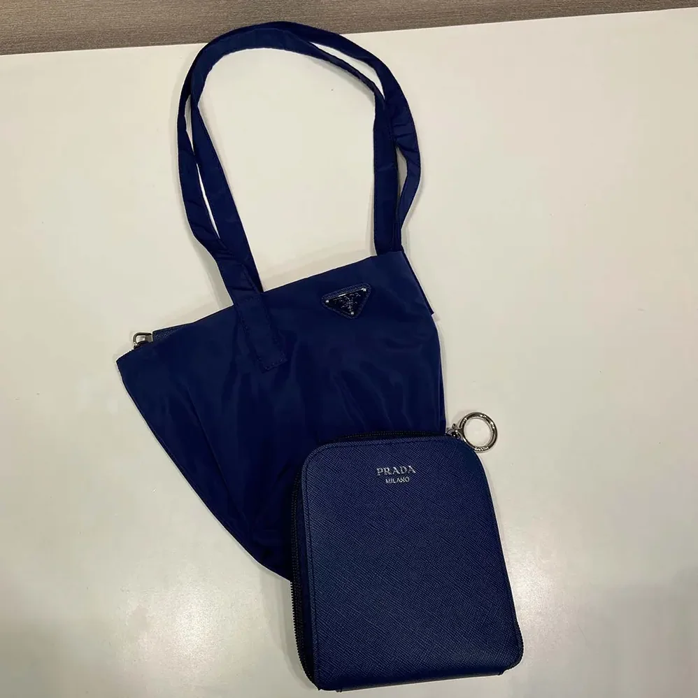 Prada Saffiano Leather Pendant With Re-Nylon Tote Bag for Women in Baltic Blue