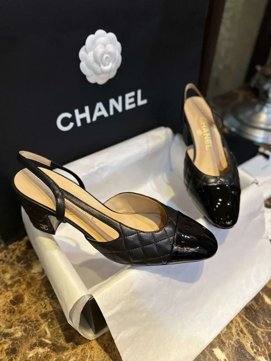 Chanel Patent Slingback Pumps Black Chanel Patent Slingback Pumps Black