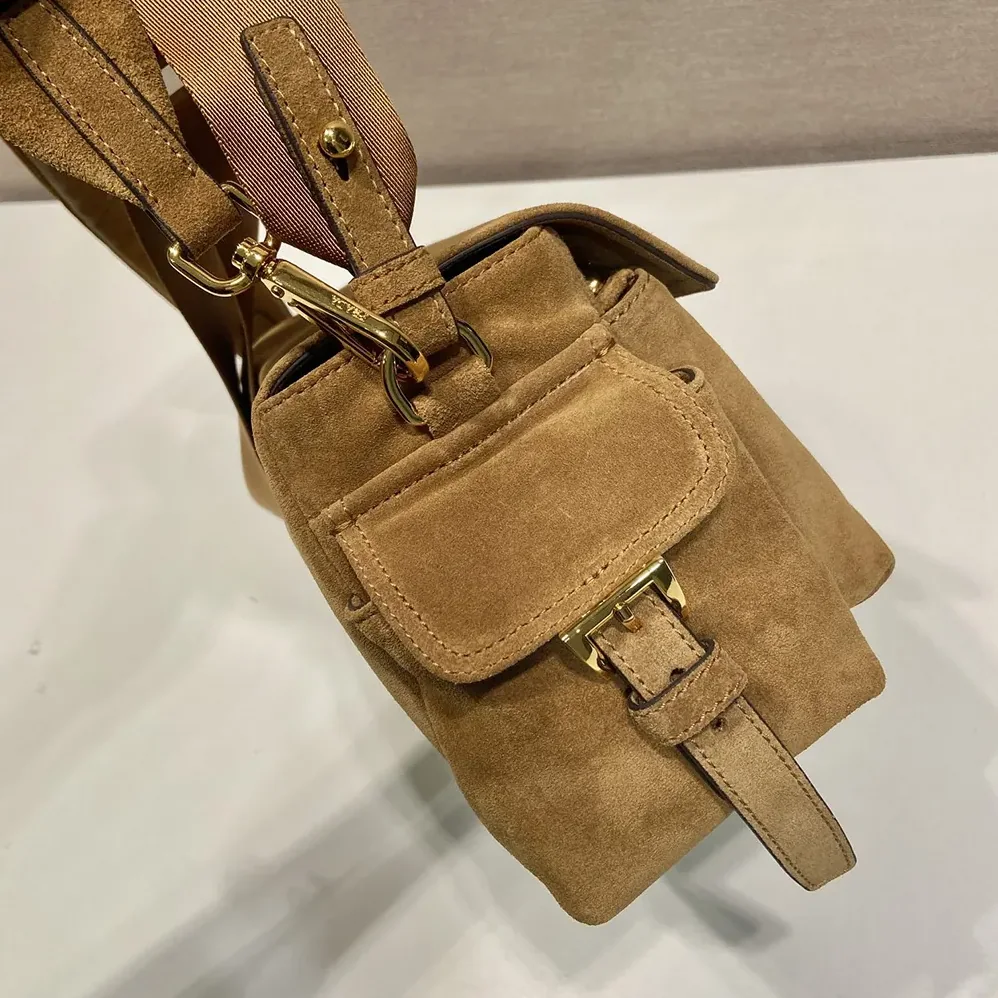 Prada Explore Medium Suede Shoulder Bag With Flap for Women in Brown