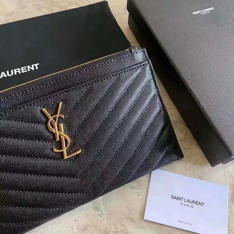 Saint Laurent YSL Large Monogram Bill Pouch in Grain DE Poudre Embossed Leather for Women in Black