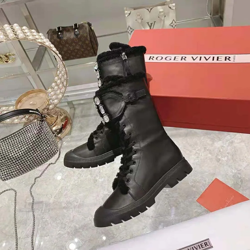 Roger Vivier Walky Viv' Shearling Strass Buckle Boots in Leather for Women in Black Roger Vivier Walky Viv' Shearling Strass Buckle Boots in Leather for Women in Black