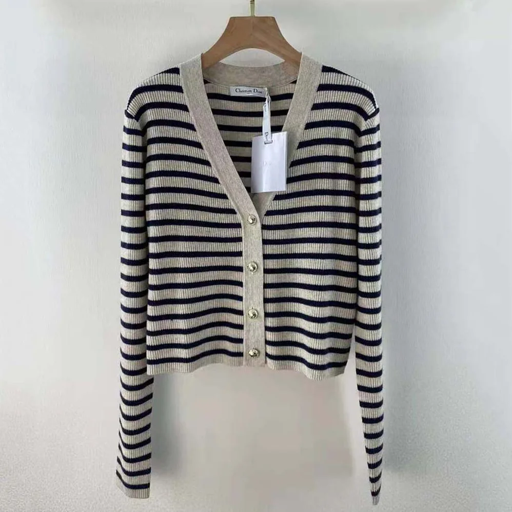 Dior Mariniere Buttoned Cardigan Navy Blue Linen Cashmere and Silk Knit for Women