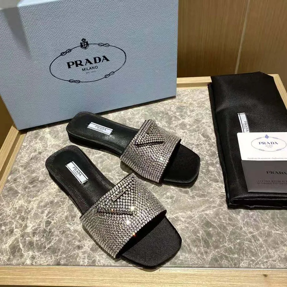 Prada Satin Slides with Crystals for Women in Black Prada Satin Slides with Crystals for Women in Black