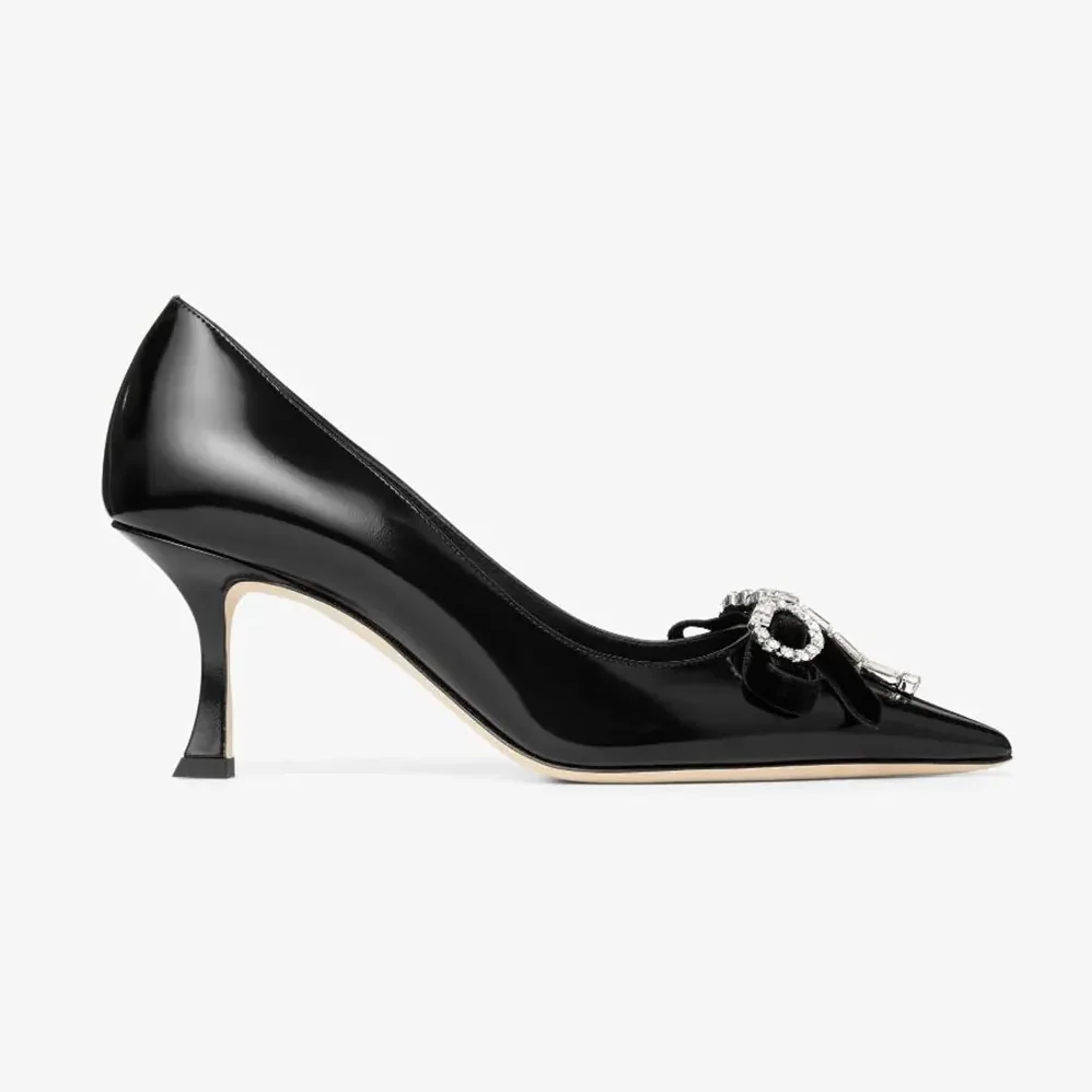 Jimmy Choo Auria 70mm Black Soft Spazzolato Pumps with Velvet and Crystal Bow for Women