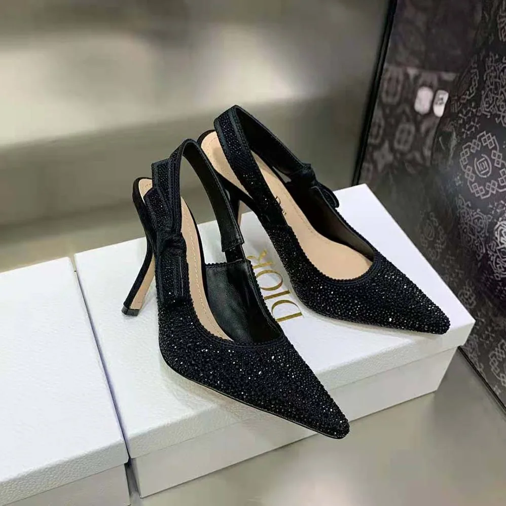 Dior J'Adior Slingback Pump Black Cotton Embroidered with Strass for Women Dior J'Adior Slingback Pump Black Cotton Embroidered with Strass for Women