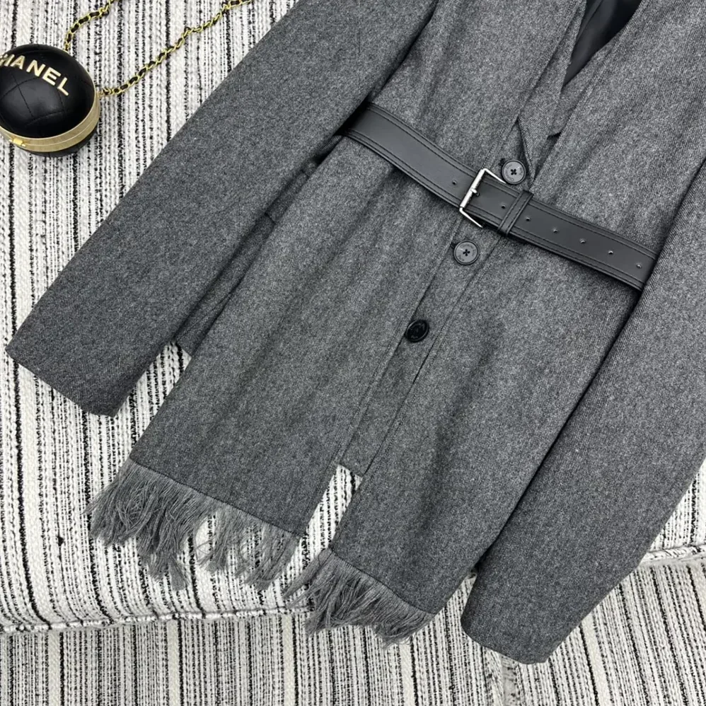 Dior Belted Jacket with Removable Scarf Gray Virgin Wool Tweed for Women