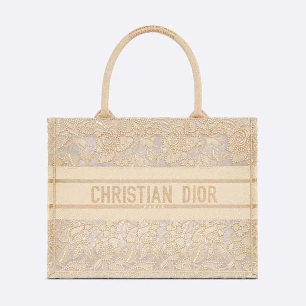 Dior Medium Dior or Dior Book Tote Gold-Tone D-Lace Embroidery with Macramé Effect for Women
