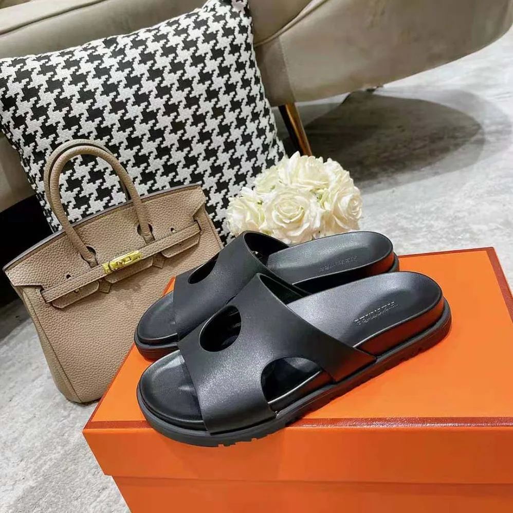 Hermes Edith Sandal in Calfskin with Perforated Upper for Women in Black