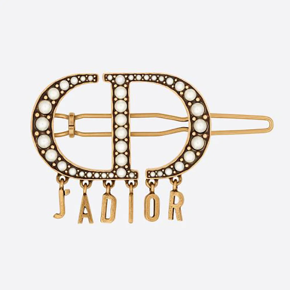 Dior 30 Montaigne Barrette Antique Gold-Finish Metal and White Resin Pearls for Women
