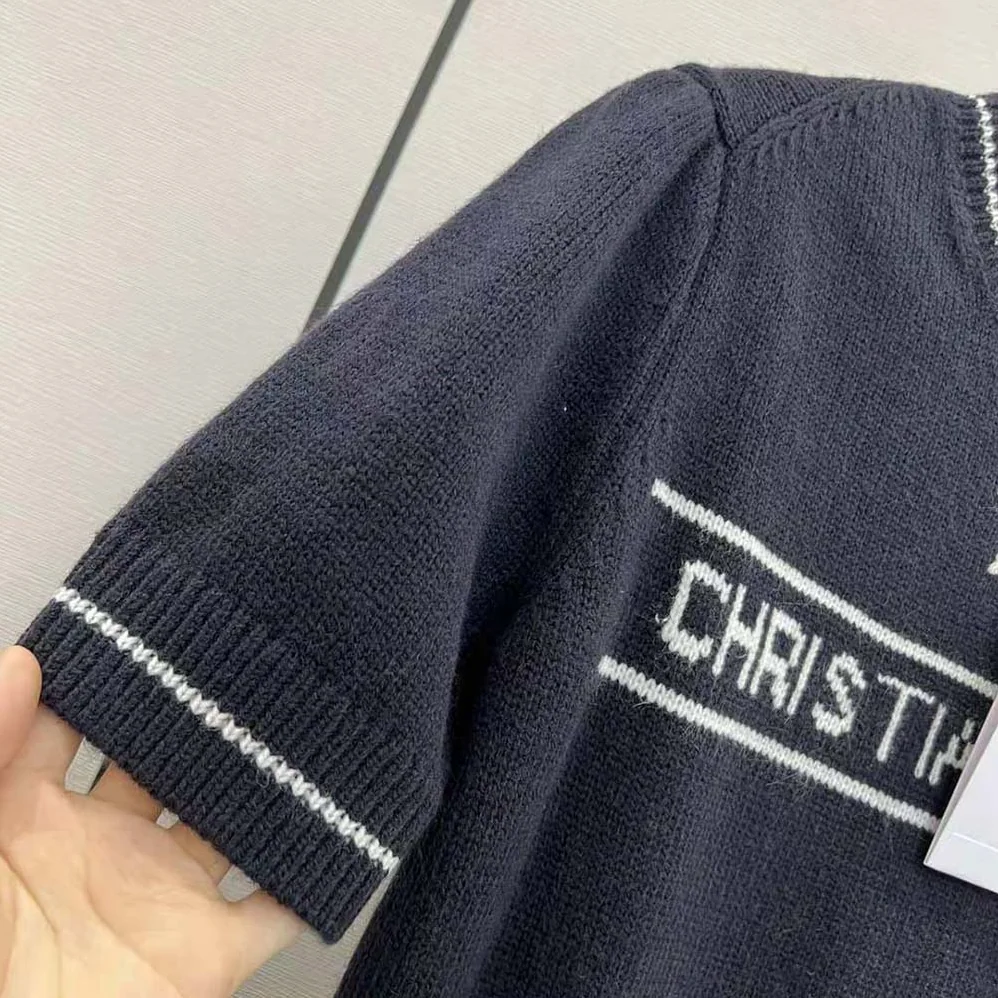 Dior Christian Dior Short-Sleeved Sweater Navy Blue Cashmere and Wool Knit for Women