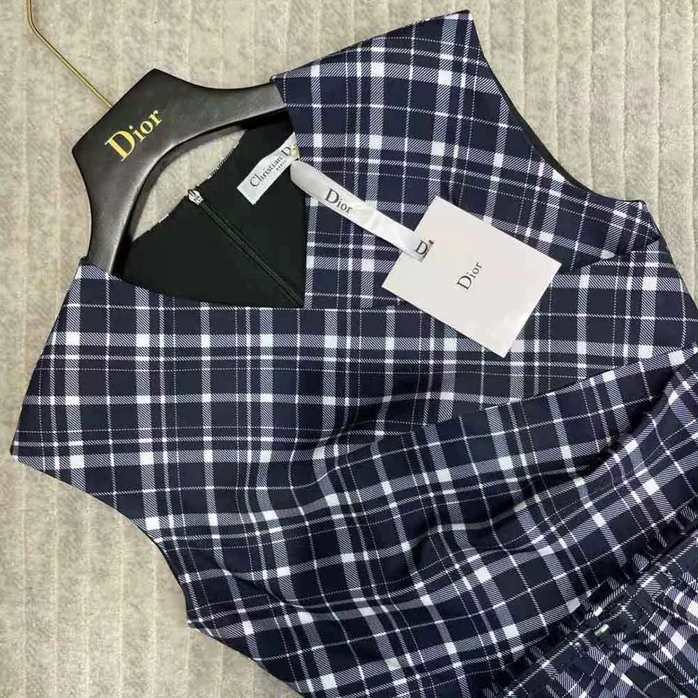 Dior Short Wrap-Over Dress Navy Blue Check'n'Dior Pop Wool Twill for Women Dior Short Wrap-Over Dress Navy Blue Check'n'Dior Pop Wool Twill for Women