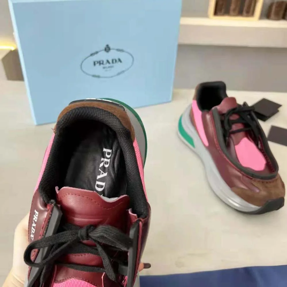 Prada Brushed Leather Sneakers with Bike Fabric and Suede Elements for Men in Pink