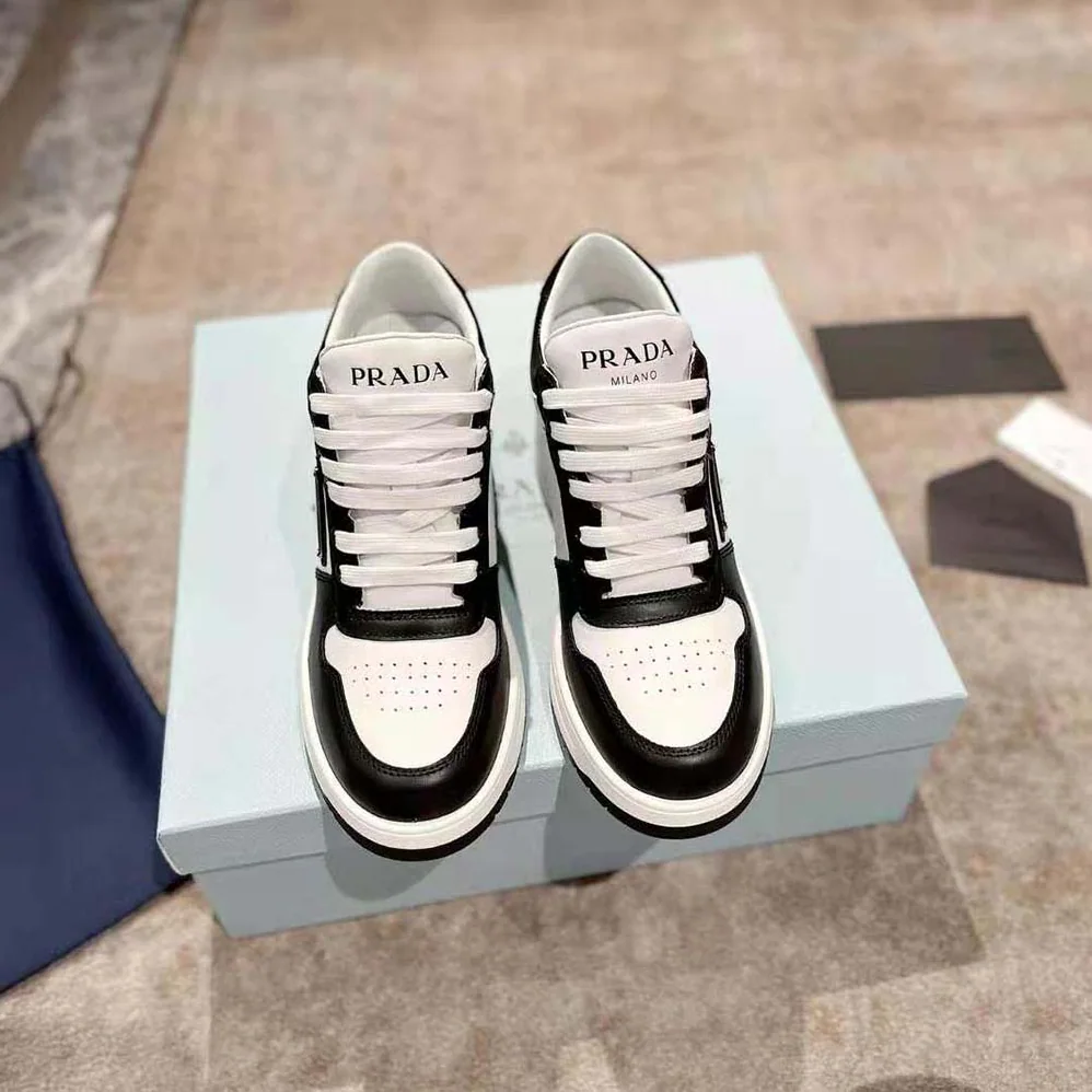 Prada Downtown High-Heeled Leather Sneakers for Women in Black
