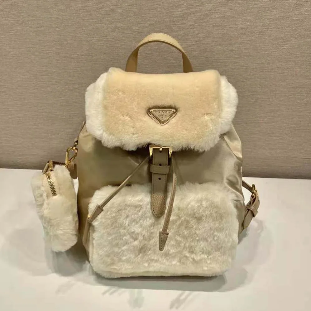Prada Re-Nylon and Shearling Backpack for Women in Beige
