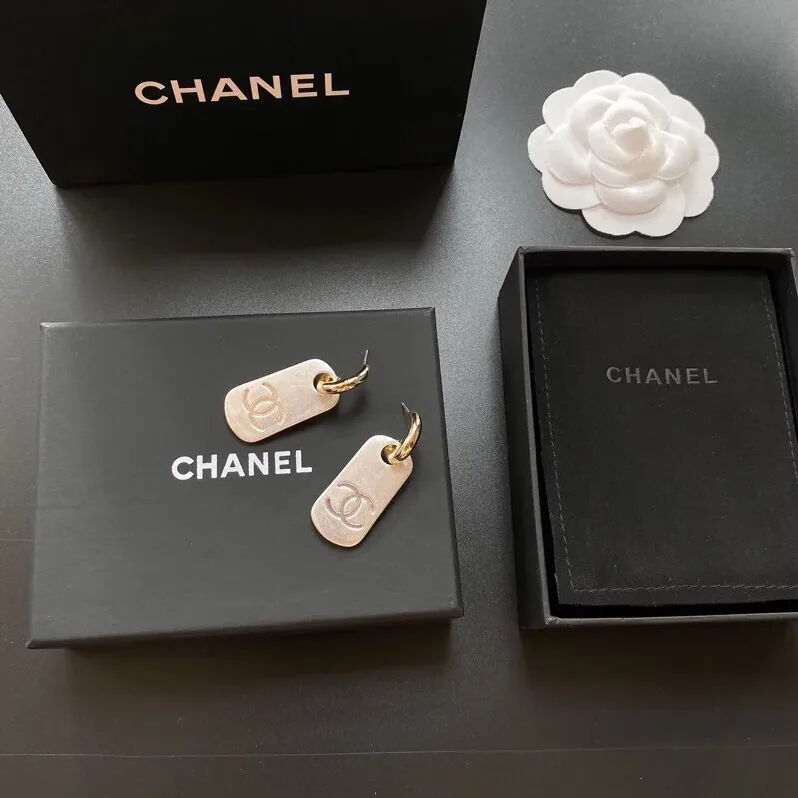 Chanel Dangling Big Tag Earrings Gold Tone