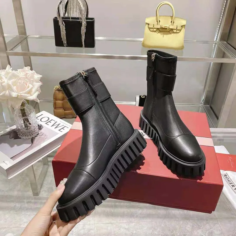 Roger Vivier Viv' Go-Thick Metal Buckle Stretch Ankle Boots in Soft Leather for Women Roger Vivier Viv' Go-Thick Metal Buckle Stretch Ankle Boots in Soft Leather for Women