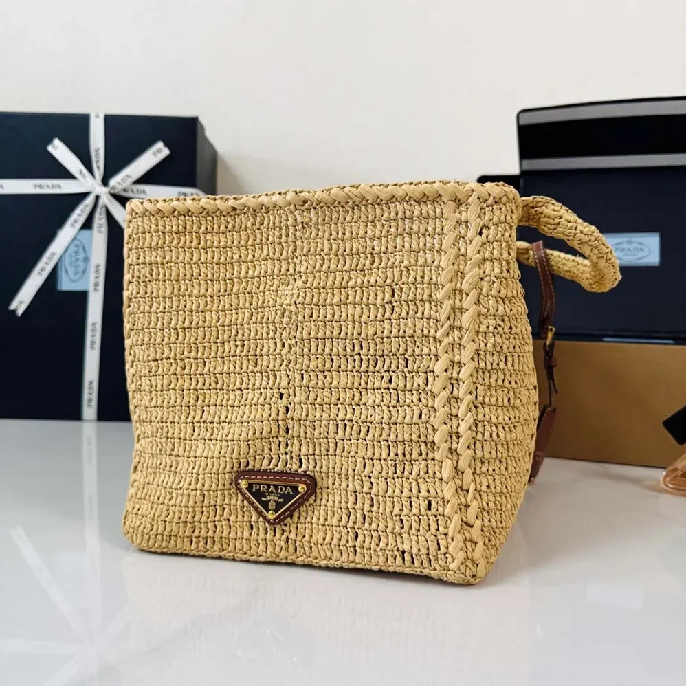 Prada Large Crochet Tote Bag with Leather Details for Women in Natural Prada Large Crochet Tote Bag with Leather Details for Women in Natural