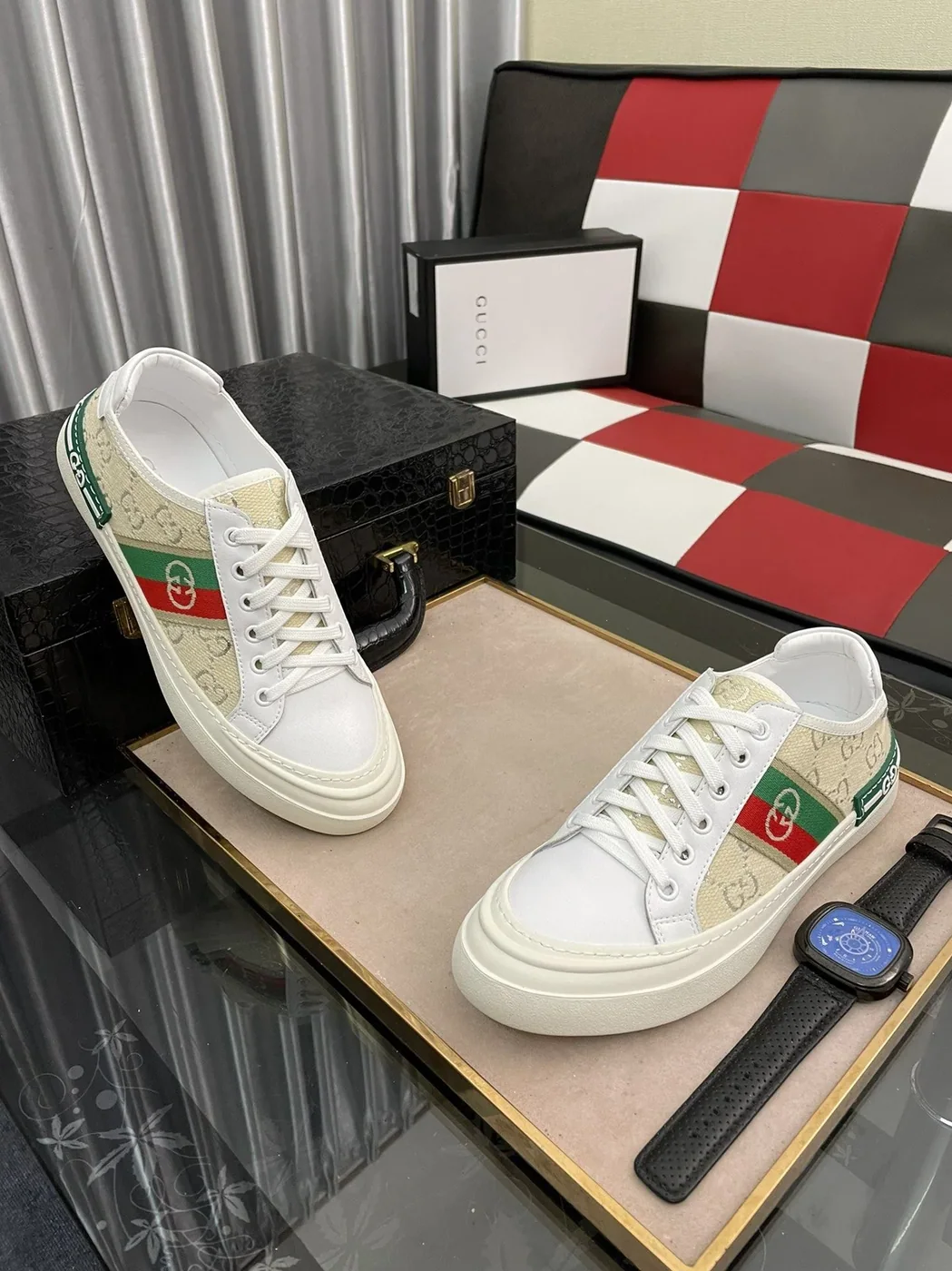Gucci GG Embroidery Sneaker With Web White And Beige for Men