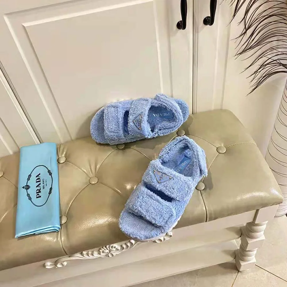 Prada Terrycloth Sandals with Enameled Metal Triangle Logo for Women in Blue
