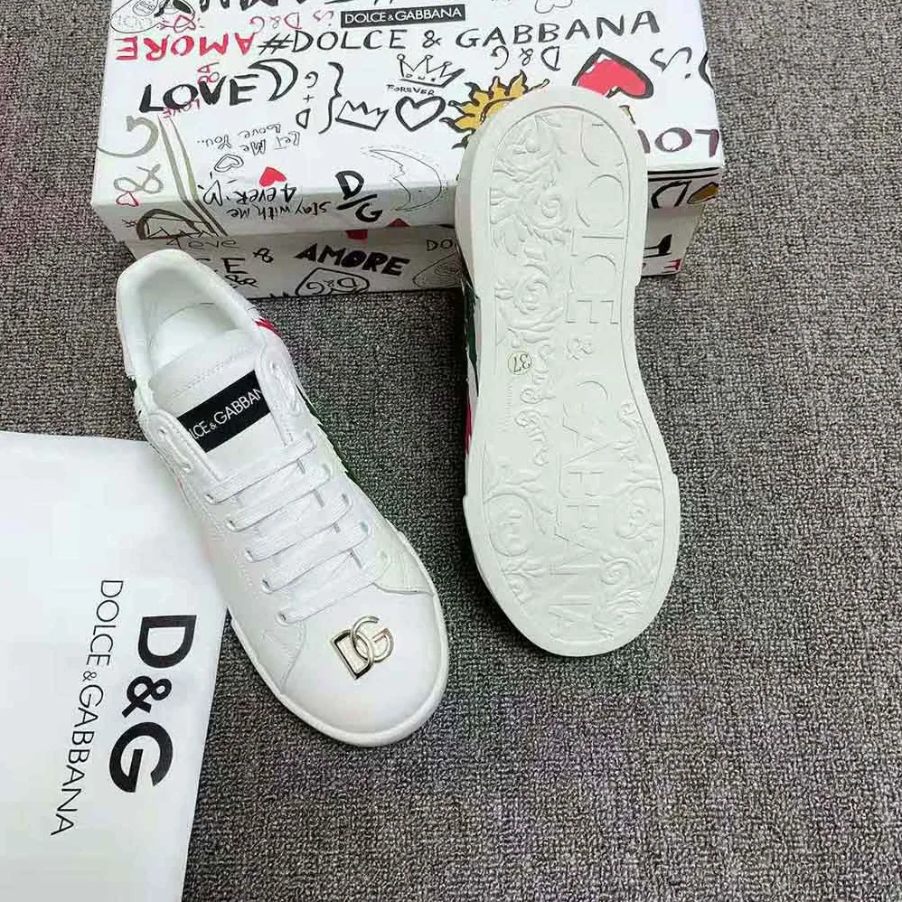 Dolce Gabbana D&G Calfskin Portofino Light Sneakers with Print for Women in White