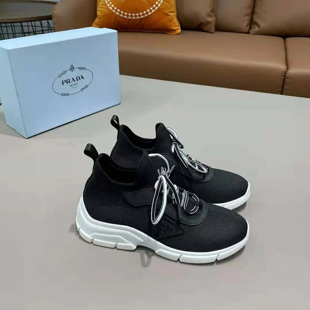 Prada The Triangle Logo Decorates These Knit Fabric Sneakers for Women in Black