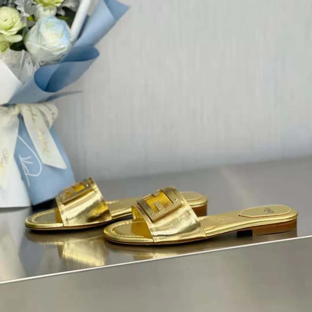 Fendi Baguette Gold Nappa Leather Slides for Women Fendi Baguette Gold Nappa Leather Slides for Women