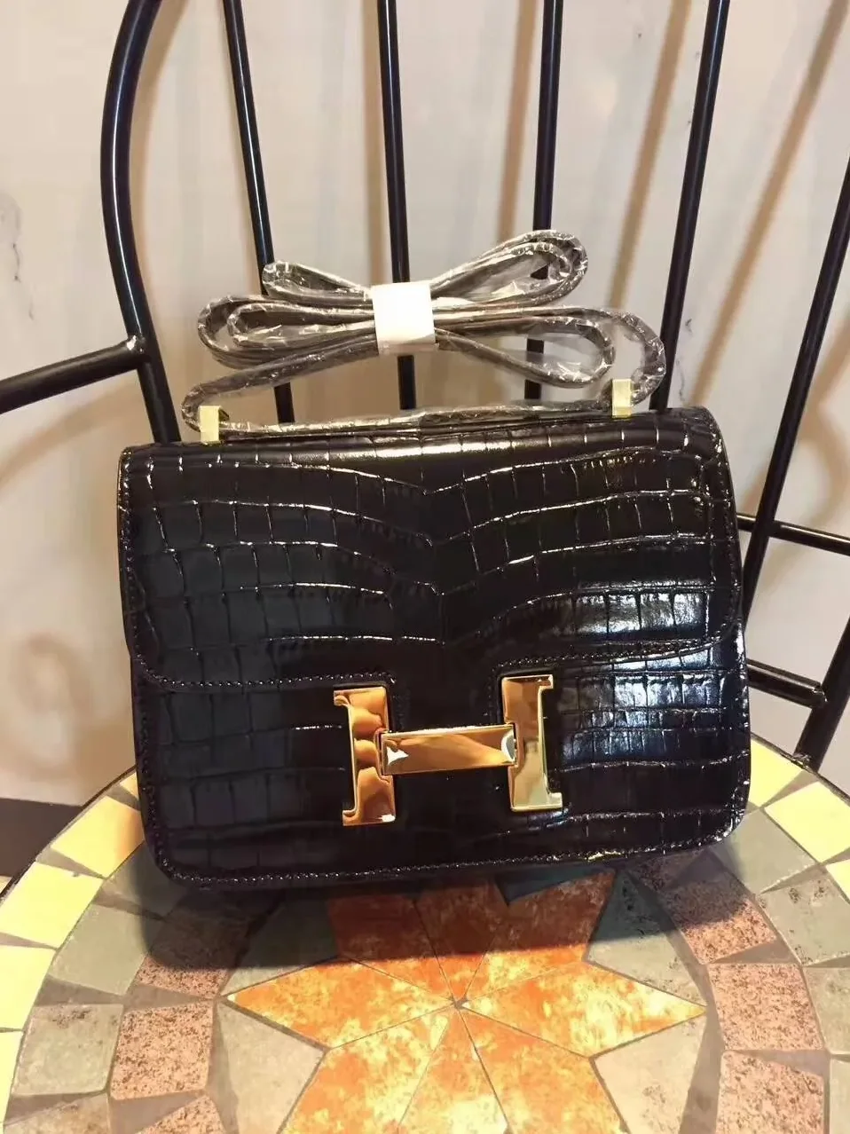 Hermes Constance 24 Pattern Crocodile Black