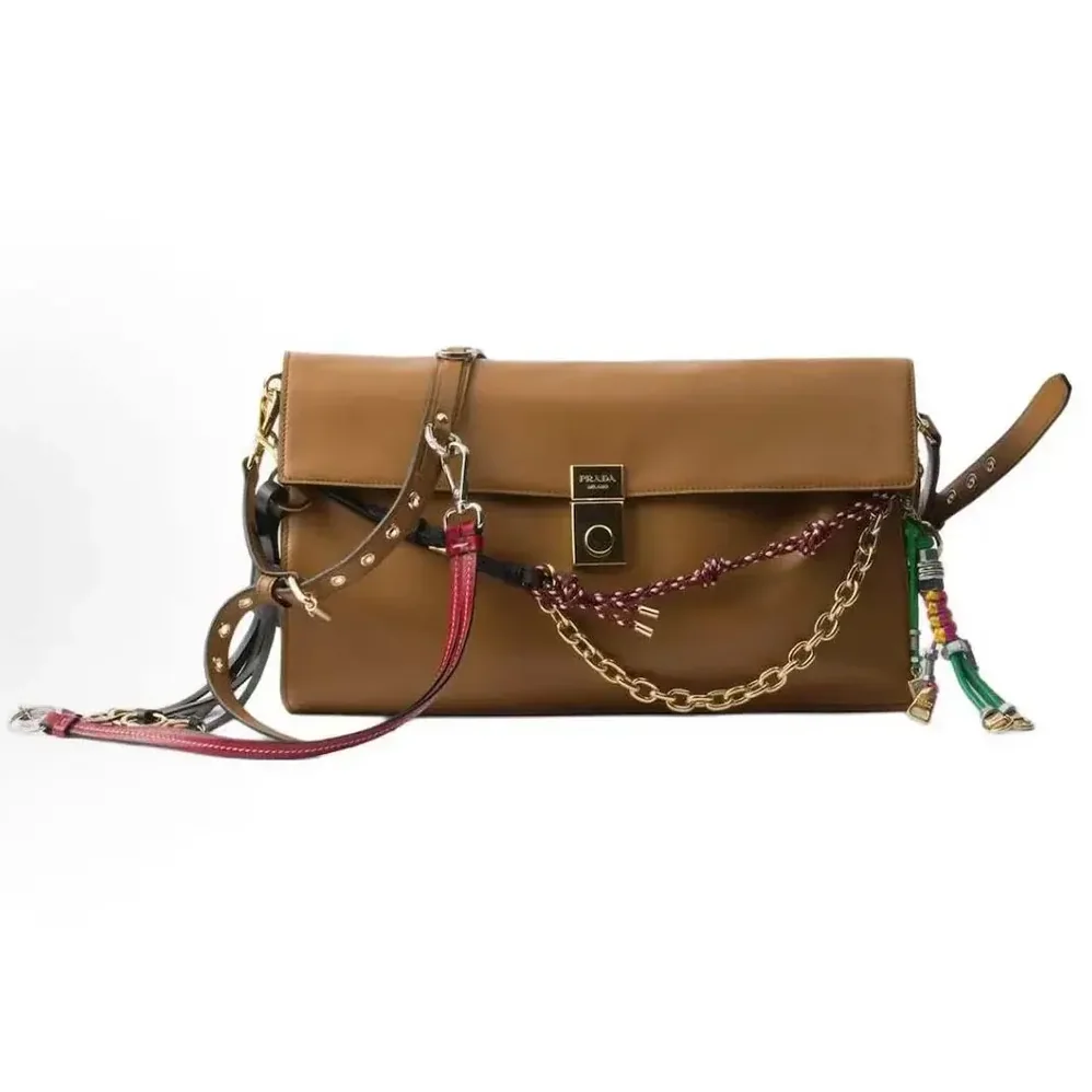Prada Soft Sound Large Leather Shoulder Bag with Charms for Women in Brown