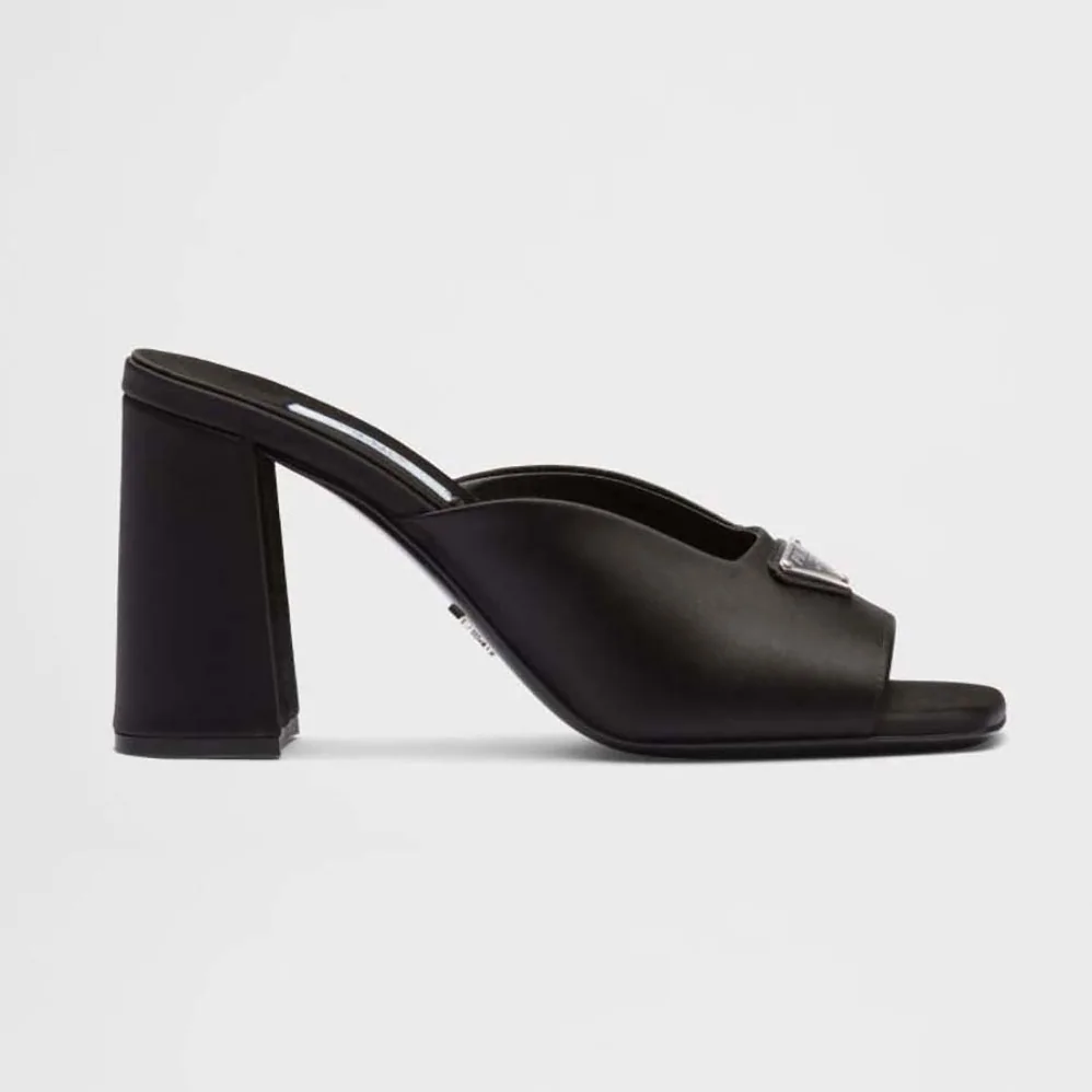 Prada High-Heeled Satin Slides for Women in Black Prada High-Heeled Satin Slides for Women in Black