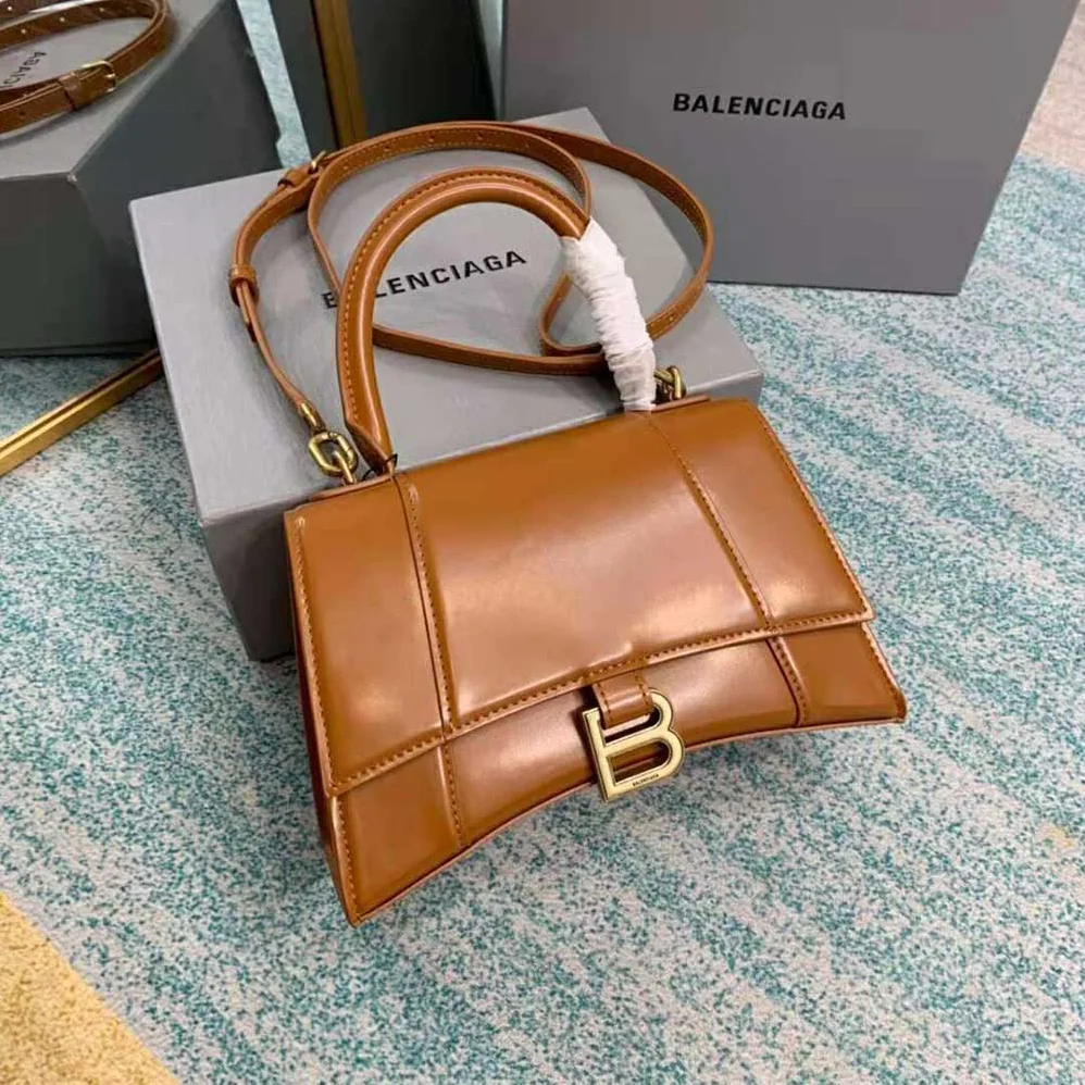 Balenciaga Hourglass Small Top Handle Bag in Shiny Box Calfskin for Women in Brown