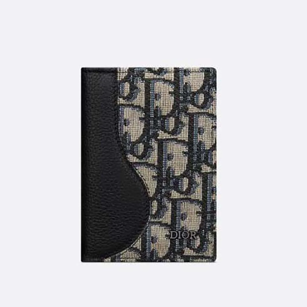 Dior Saddle Bi-fold Card Holder Blue Grained Calfskin Leather Marquetry for Men