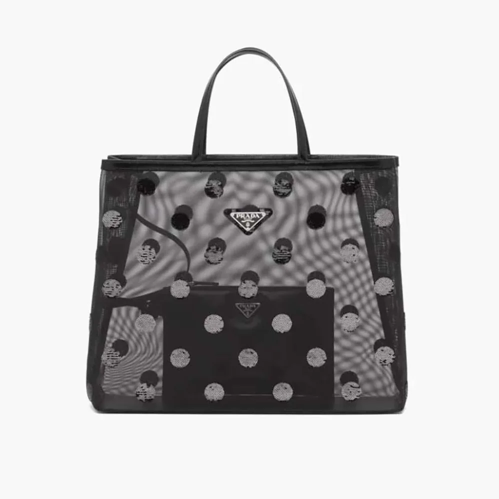Prada Polka-Dot Mesh Tote Bag for Women in Black Prada Polka-Dot Mesh Tote Bag for Women in Black