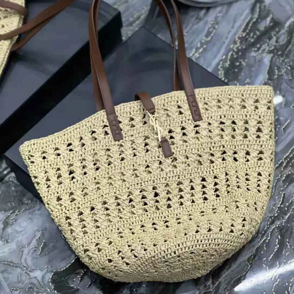 Saint Laurent YSL Panier Medium Bag in Crochet Raffia and Smooth Leather for Women