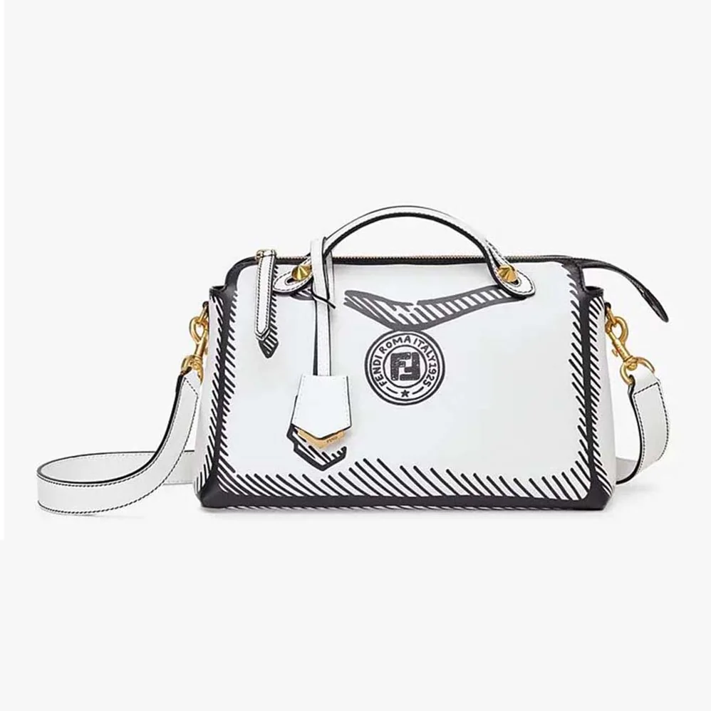 Fendi by the way Medium White Leather Printed Boston Bag for Women Fendi by the way Medium White Leather Printed Boston Bag for Women