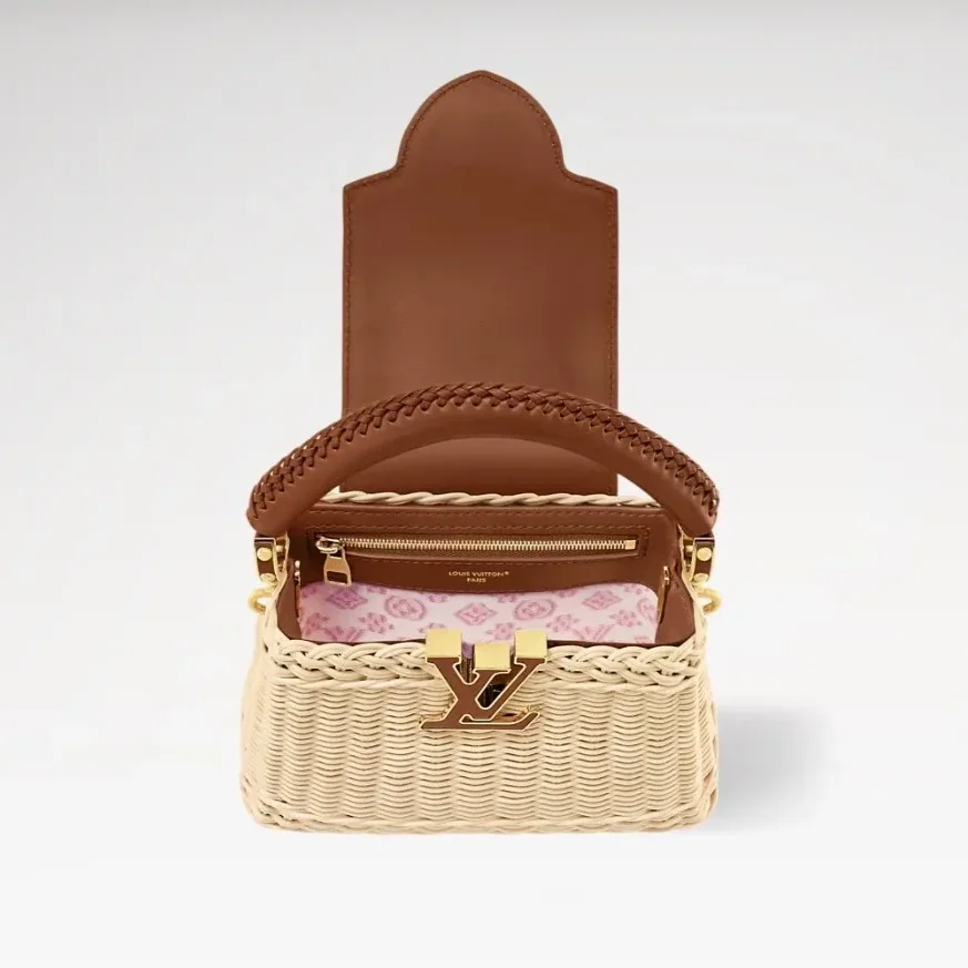 Louis Vuitton Capucines Mini Top Handle Bag in Brown Rattan Gold Hardware