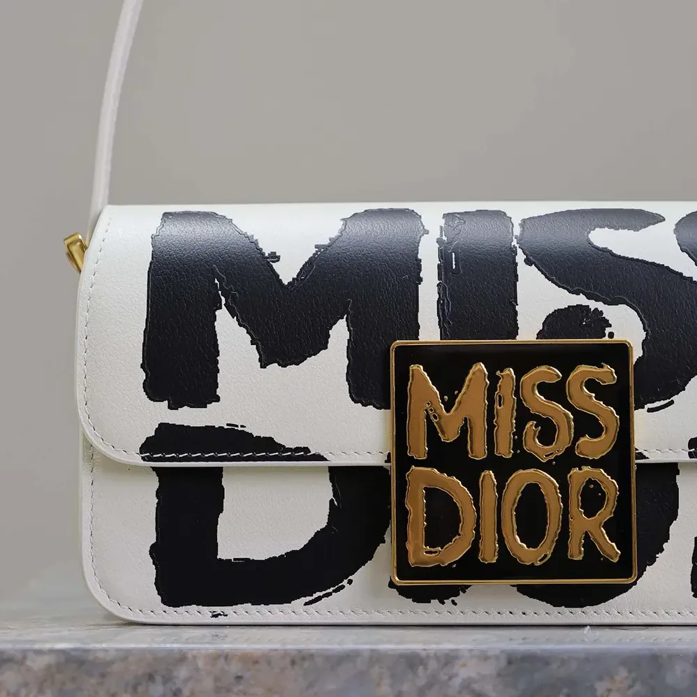 Dior Miss Dior Flap Bag White and Black Miss Dior Graffiti Printed Calfskin for Women